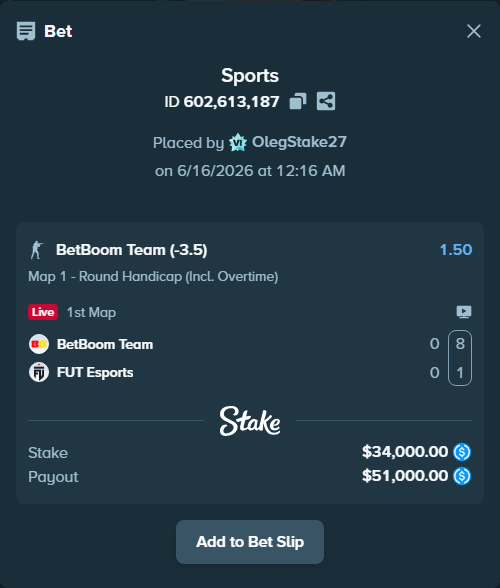 Bet slip: BetBoom Team - FUT Esports, $34,000.00 stake at 1.50 odds, placed by OlegStake27