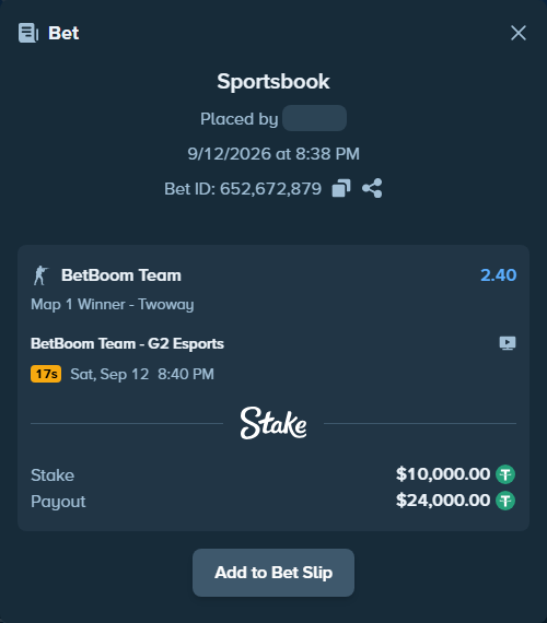 Bet slip: BetBoom Team - G2 Esports, $10,000.00 stake at 2.40 odds, placed by fantasy7788