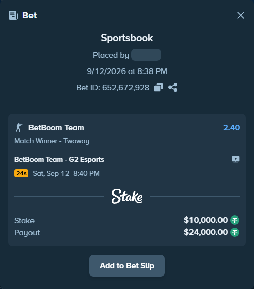 Bet slip: BetBoom Team - G2 Esports, $10,000.00 stake at 2.40 odds, placed by fantasy7788