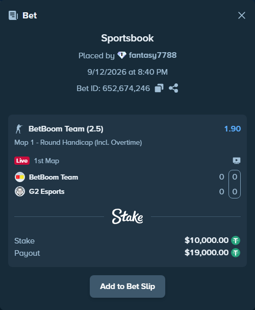 Bet slip: BetBoom Team - G2 Esports, $10,000.00 stake at 1.90 odds, placed by fantasy7788