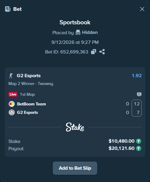 Bet slip: BetBoom Team - G2 Esports, $10,480.00 stake at 1.92 odds, placed by Hidden