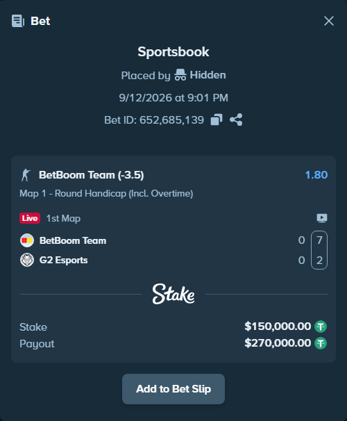 Bet slip: BetBoom Team - G2 Esports, $150,000.00 stake at 1.80 odds, placed by Hidden