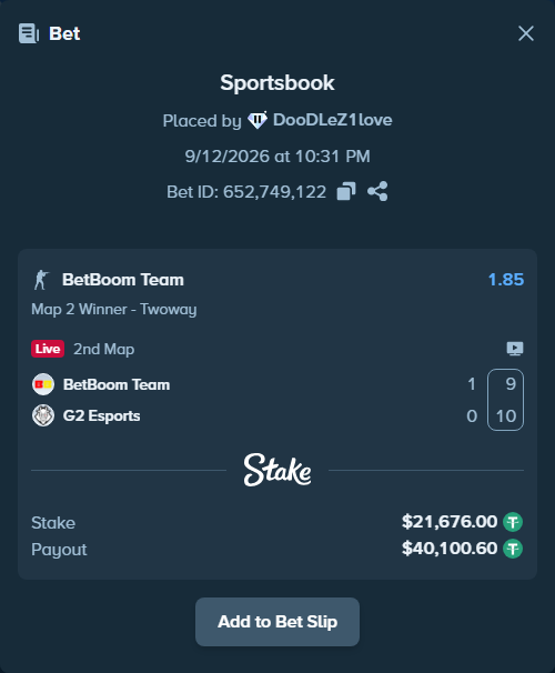 Bet slip: BetBoom Team - G2 Esports, $21,676.00 stake at 1.85 odds, placed by DooDLeZ1love