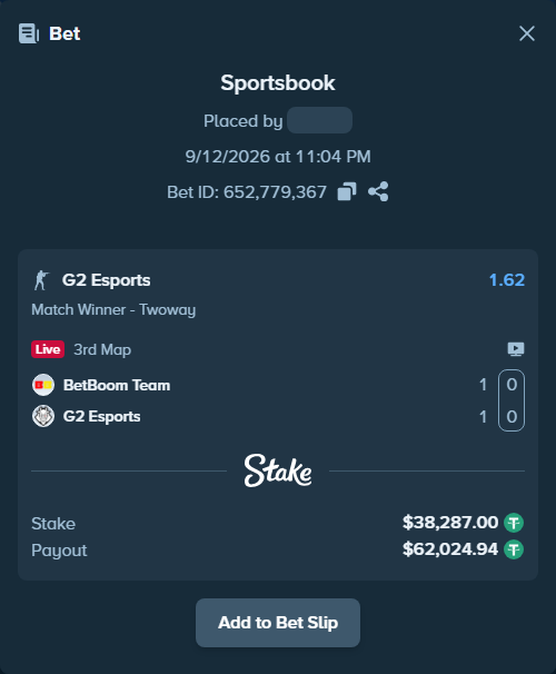Bet slip: BetBoom Team - G2 Esports, $38,287.00 stake at 1.62 odds, placed by saszakoncza
