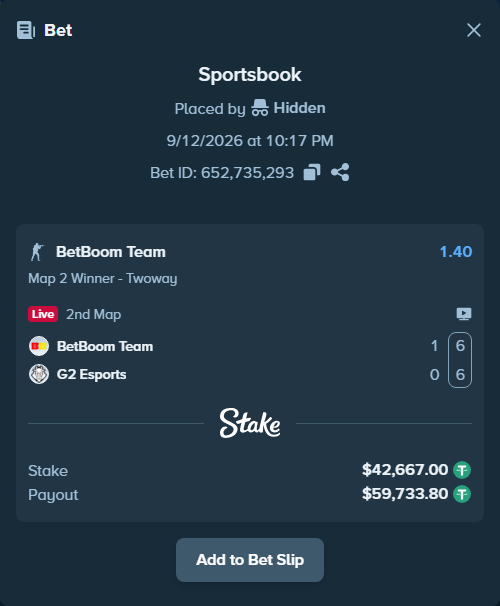 Bet slip: BetBoom Team - G2 Esports, $42,667.00 stake at 1.40 odds, placed by Hidden
