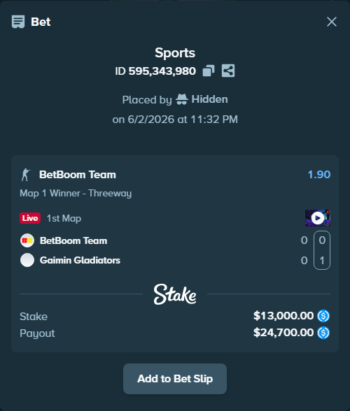 Bet slip: BetBoom Team - Gaimin Gladiators, $13,000.00 stake at 1.90 odds, placed by Hidden