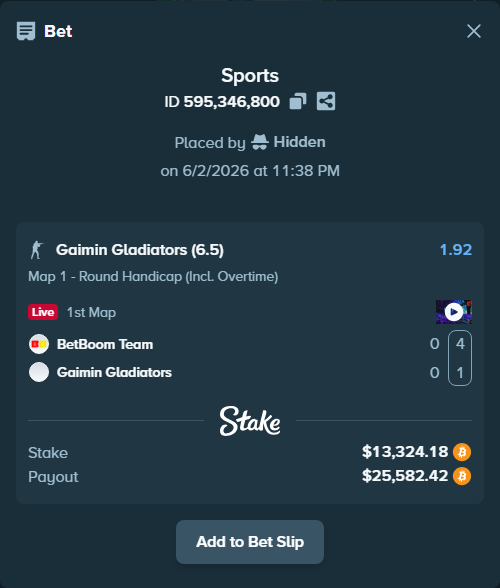 Bet slip: BetBoom Team - Gaimin Gladiators, $12,480.02 stake at 1.92 odds, placed by Hidden