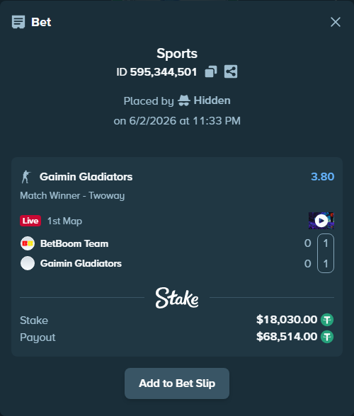 Bet slip: BetBoom Team - Gaimin Gladiators, $18,048.03 stake at 3.80 odds, placed by Hidden