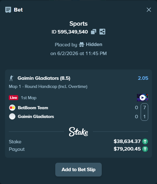 Bet slip: BetBoom Team - Gaimin Gladiators, $38,673.00 stake at 2.05 odds, placed by Hidden
