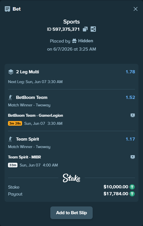 Bet slip: BetBoom Team - GamerLegion, $10,000.00 stake at 1.52 odds, placed by Hidden