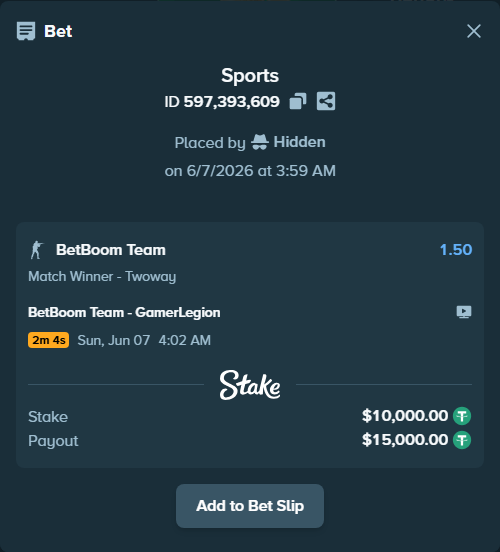 Bet slip: BetBoom Team - GamerLegion, $10,000.00 stake at 1.50 odds, placed by Hidden