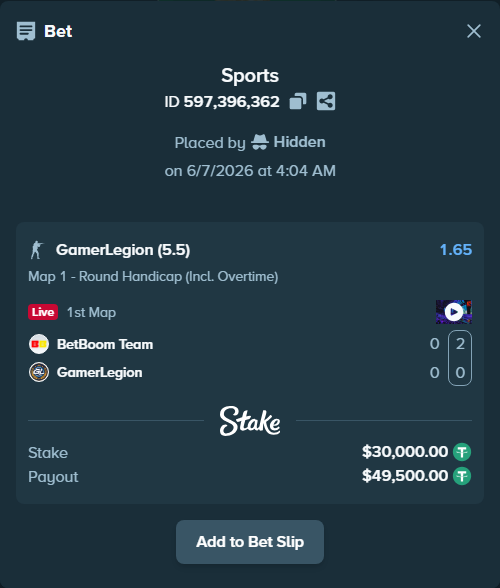 Bet slip: BetBoom Team - GamerLegion, $30,000.00 stake at 1.65 odds, placed by Hidden