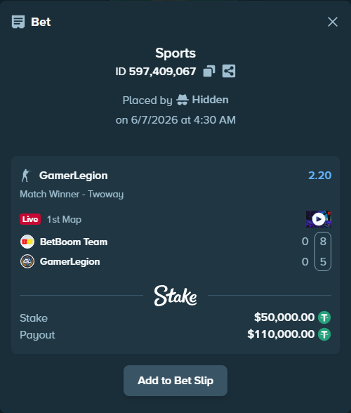 Bet slip: BetBoom Team - GamerLegion, $50,000.00 stake at 2.20 odds, placed by Hidden