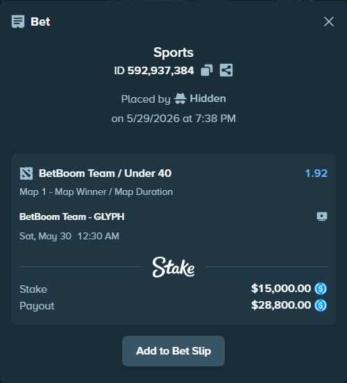 Bet slip: BetBoom Team - GLYPH, $15,000.00 stake at 1.92 odds, placed by Hidden