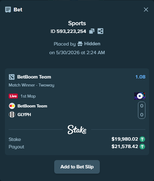 Bet slip: BetBoom Team - GLYPH, $20,000.00 stake at 1.08 odds, placed by Hidden