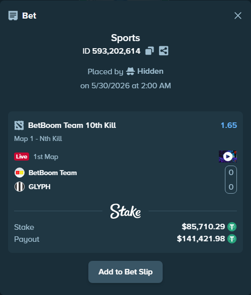 Bet slip: BetBoom Team - GLYPH, $85,796.00 stake at 1.65 odds, placed by Hidden