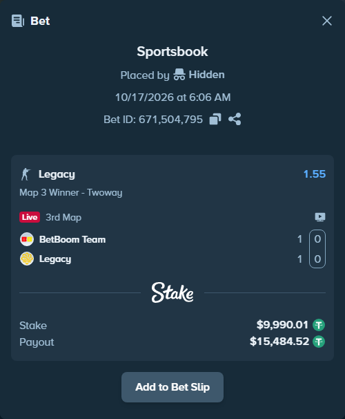 Bet slip: BetBoom Team - Legacy, $10,000.00 stake at 1.55 odds, placed by Hidden