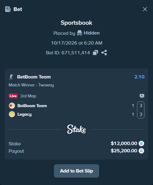 Bet slip: BetBoom Team - Legacy, $12,144.39 stake at 2.10 odds, placed by AustinAlgamus