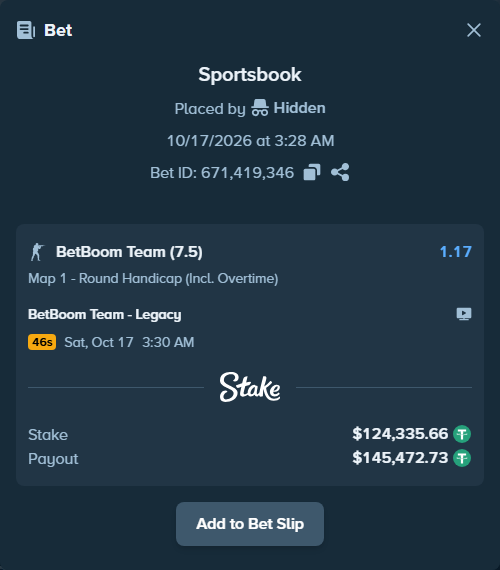 Bet slip: BetBoom Team - Legacy, $124,460.00 stake at 1.17 odds, placed by Mnt41