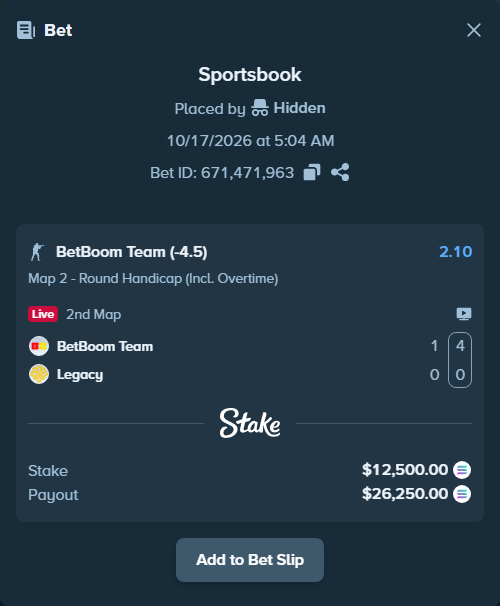 Bet slip: BetBoom Team - Legacy, $12,469.43 stake at 2.10 odds, placed by AustinAlgamus