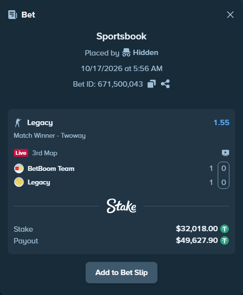 Bet slip: BetBoom Team - Legacy, $32,050.02 stake at 1.55 odds, placed by haroldfinchh