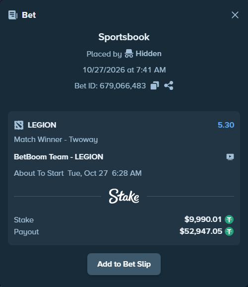 Bet slip: BetBoom Team - LEGION, $10,000.00 stake at 5.30 odds, placed by Hidden