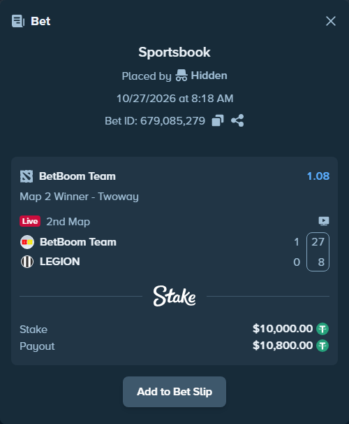 Bet slip: BetBoom Team - LEGION, $10,010.00 stake at 1.08 odds, placed by Hidden