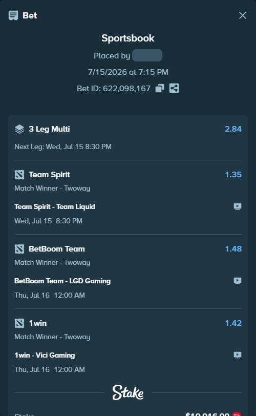 Bet slip: BetBoom Team - LGD Gaming, $9,986.82 stake at 1.48 odds, placed by toffeeshka