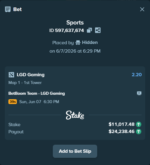 Bet slip: BetBoom Team - LGD Gaming, $11,017.48 stake at 2.20 odds, placed by Hidden