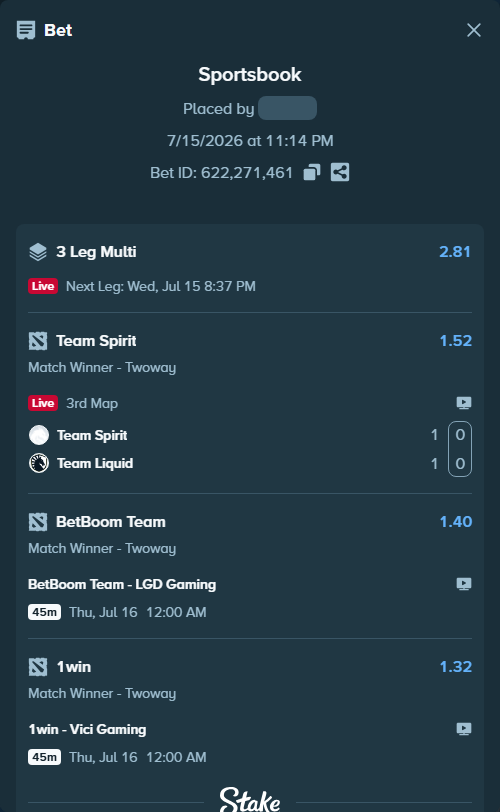 Bet slip: BetBoom Team - LGD Gaming, $14,442.00 stake at 1.40 odds, placed by Inhb