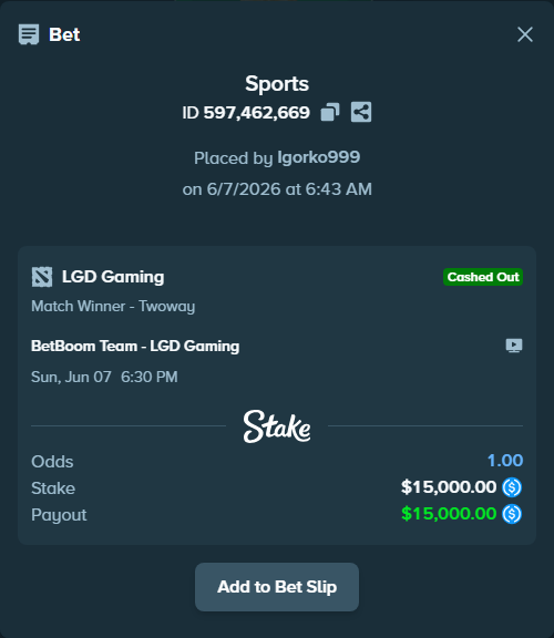 Bet slip: BetBoom Team - LGD Gaming, $15,000.00 stake at 2.80 odds, placed by Igorko999