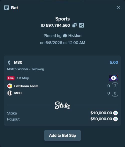 Bet slip: BetBoom Team - M80, $11,393.23 stake at 5.00 odds, placed by Hidden