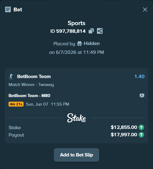 Bet slip: BetBoom Team - M80, $12,855.00 stake at 1.40 odds, placed by Hidden