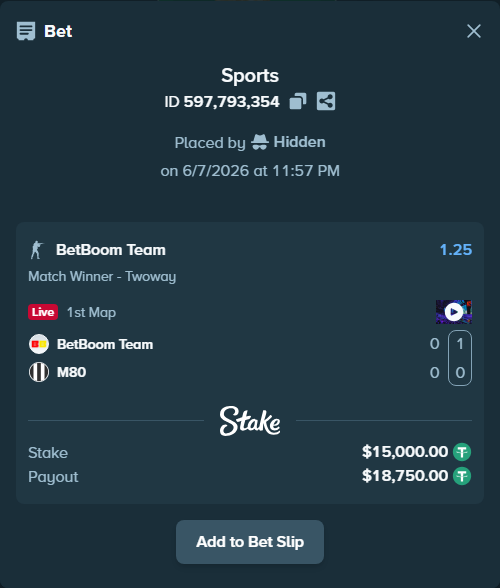 Bet slip: BetBoom Team - M80, $15,000.00 stake at 1.25 odds, placed by Hidden