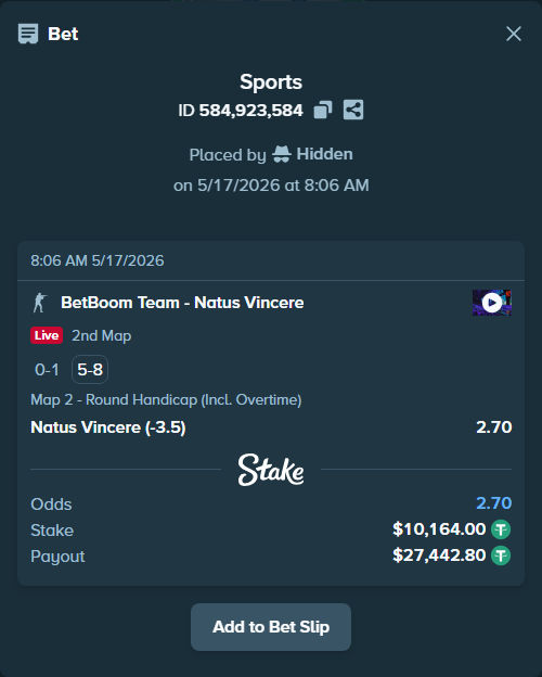 Bet slip: BetBoom Team - Natus Vincere, $10,164.00 stake at 2.70 odds, placed by Hidden