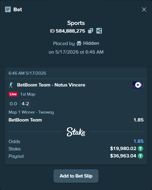 Bet slip: BetBoom Team - Natus Vincere, $20,000.00 stake at 1.85 odds, placed by Hidden