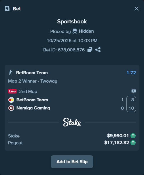 Bet slip: BetBoom Team - Nemiga Gaming, $10,000.00 stake at 1.72 odds, placed by jxd1314