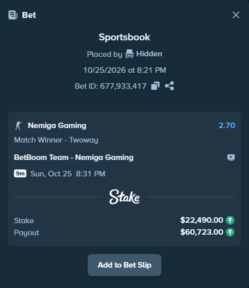 Bet slip: BetBoom Team - Nemiga Gaming, $22,512.49 stake at 2.70 odds, placed by Håvardlied2004