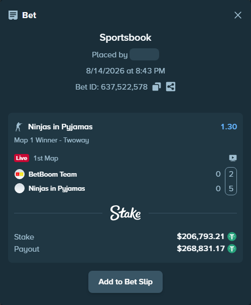Bet slip: BetBoom Team - Ninjas in Pyjamas, $207,000.00 stake at 1.30 odds, placed by GoldenKot