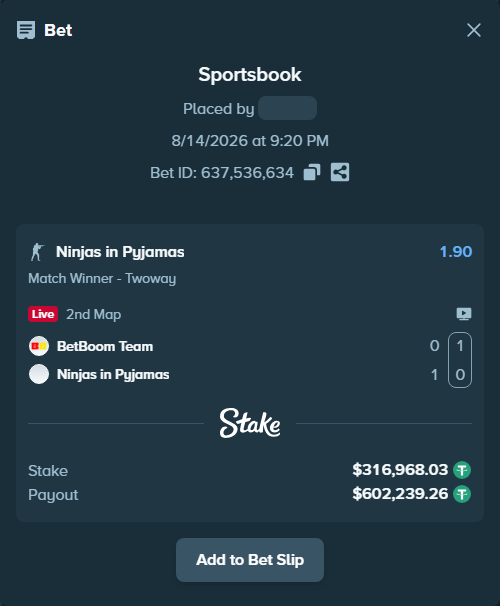 Bet slip: BetBoom Team - Ninjas in Pyjamas, $317,285.00 stake at 1.90 odds, placed by GoldenKot