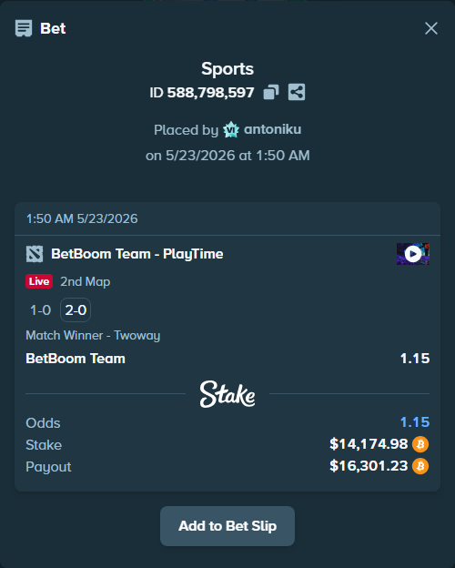 Bet slip: BetBoom Team - PlayTime, $11,881.75 stake at 1.15 odds, placed by antoniku