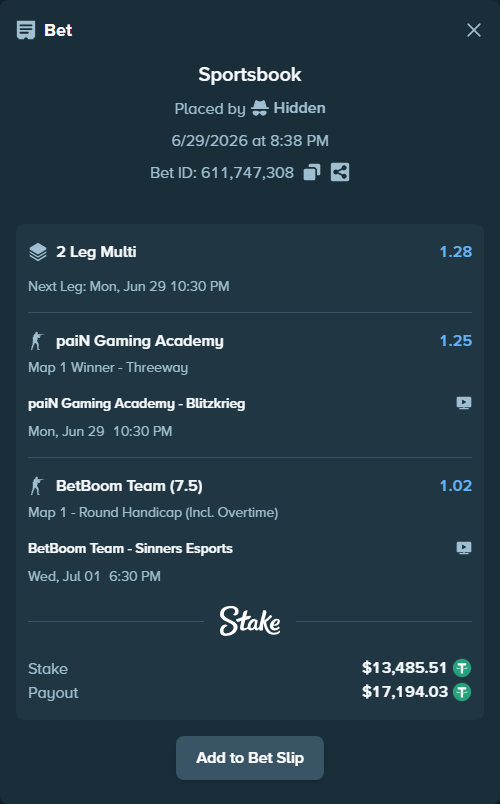 Bet slip: BetBoom Team - Sinners Esports, $13,499.00 stake at 1.02 odds, placed by Hidden