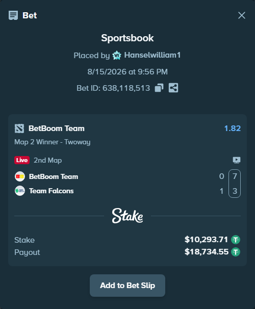 Bet slip: BetBoom Team - Team Falcons, $10,304.00 stake at 1.82 odds, placed by Hanselwilliam1