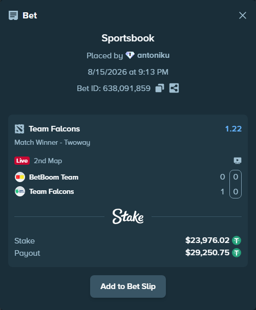 Bet slip: BetBoom Team - Team Falcons, $24,000.00 stake at 1.22 odds, placed by antoniku