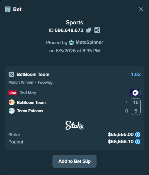 Bet slip: BetBoom Team - Team Falcons, $55,555.00 stake at 1.02 odds, placed by MetaSpinner