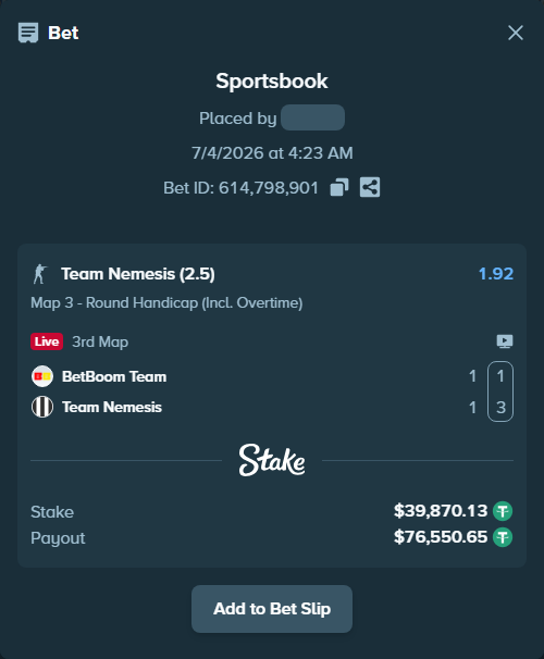 Bet slip: BetBoom Team - Team Nemesis, $39,910.00 stake at 1.92 odds, placed by GoldenKot