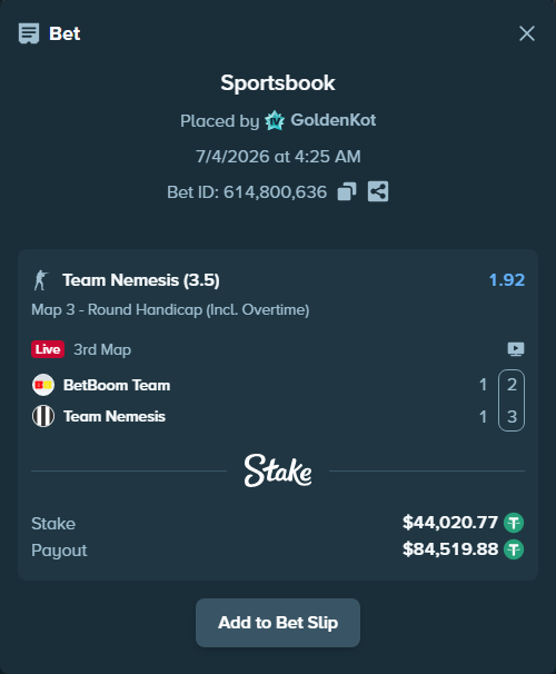 Bet slip: BetBoom Team - Team Nemesis, $44,064.79 stake at 1.92 odds, placed by GoldenKot