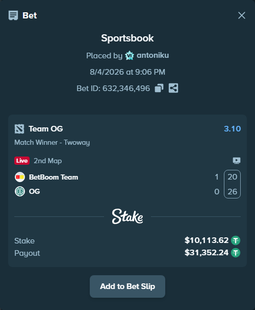 Bet slip: BetBoom Team - Team OG, $10,123.74 stake at 3.10 odds, placed by antoniku