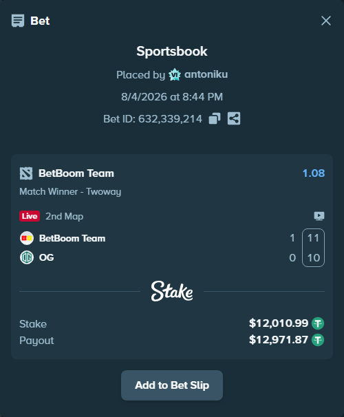 Bet slip: BetBoom Team - Team OG, $12,023.00 stake at 1.08 odds, placed by antoniku