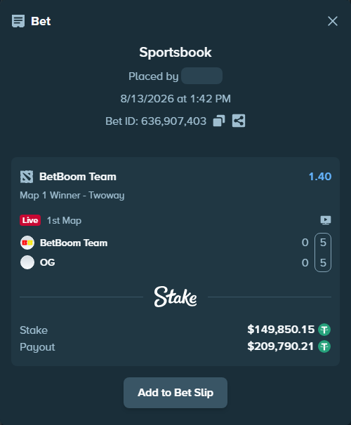 Bet slip: BetBoom Team - Team OG, $150,000.00 stake at 1.40 odds, placed by GoldenKot
